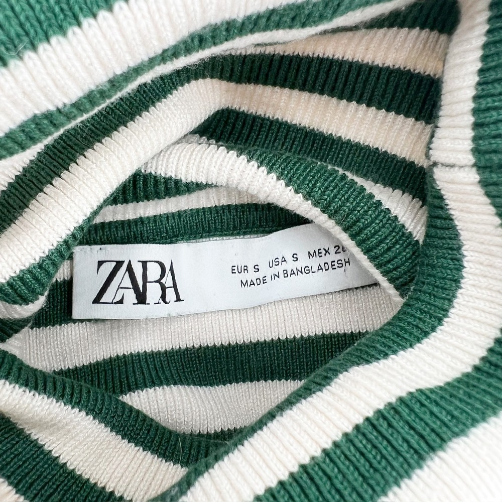 Zara Womens Green White Striped Ribbed Turtleneck Long Sleeve Crop Top Small - Picture 4 of 5